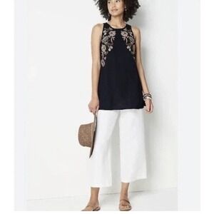 J.Jill Floral Embroidered Crinkle Sleeveless Tunic Top Sz L Coastal Lagenlook